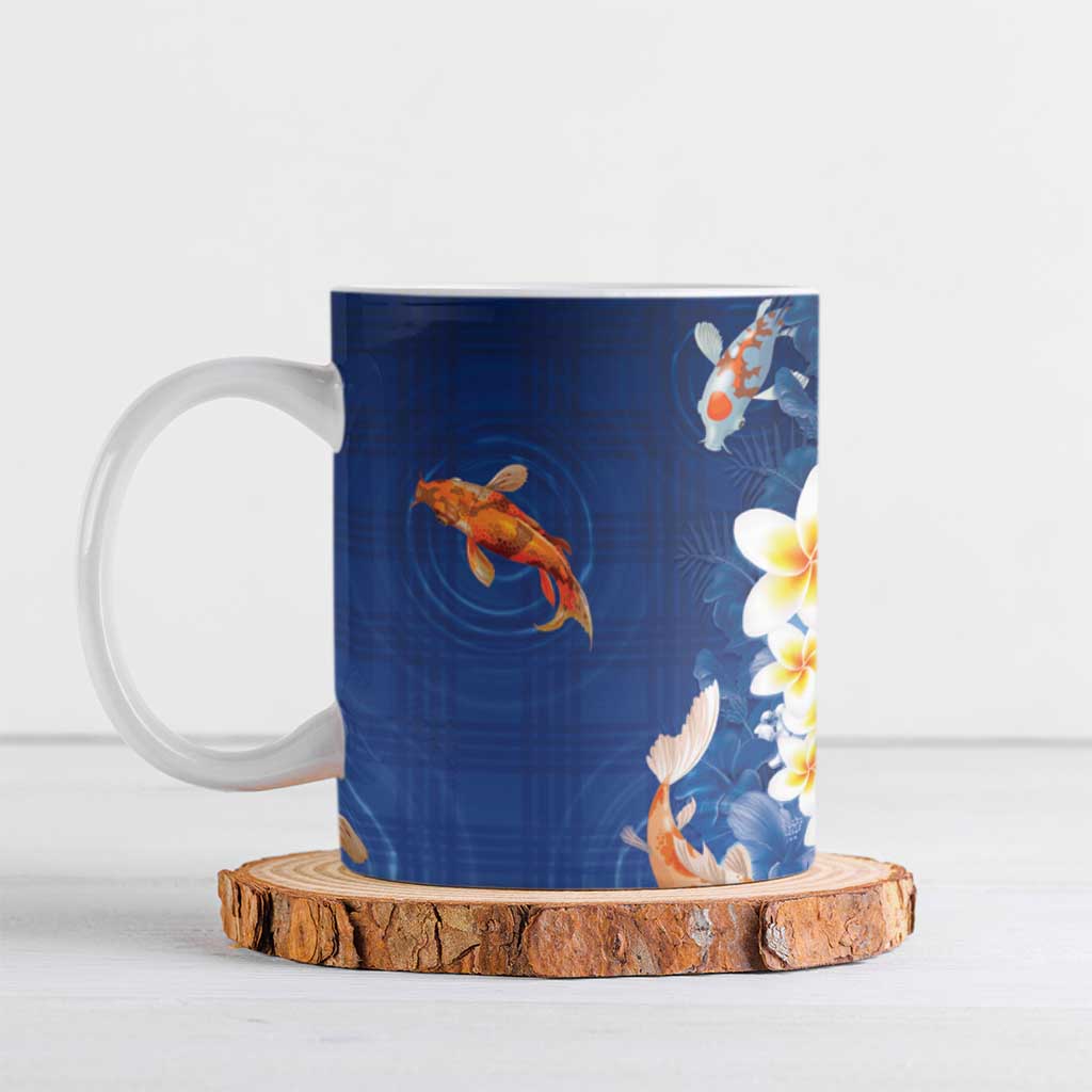 Hawaii And Japan Ceramic Mug Plumeria Lei With Koi Fish Blue - Polynesian Pride