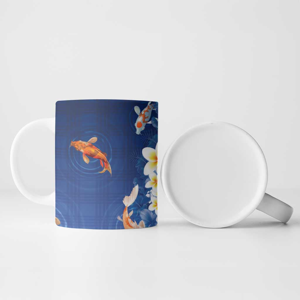 Hawaii And Japan Ceramic Mug Plumeria Lei With Koi Fish Blue - Polynesian Pride