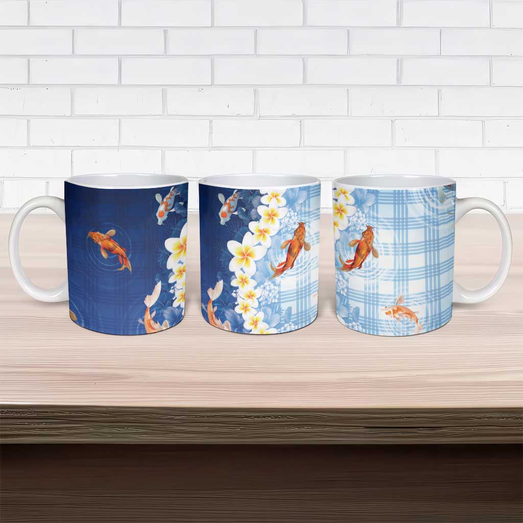 Hawaii And Japan Ceramic Mug Plumeria Lei With Koi Fish Blue - Polynesian Pride