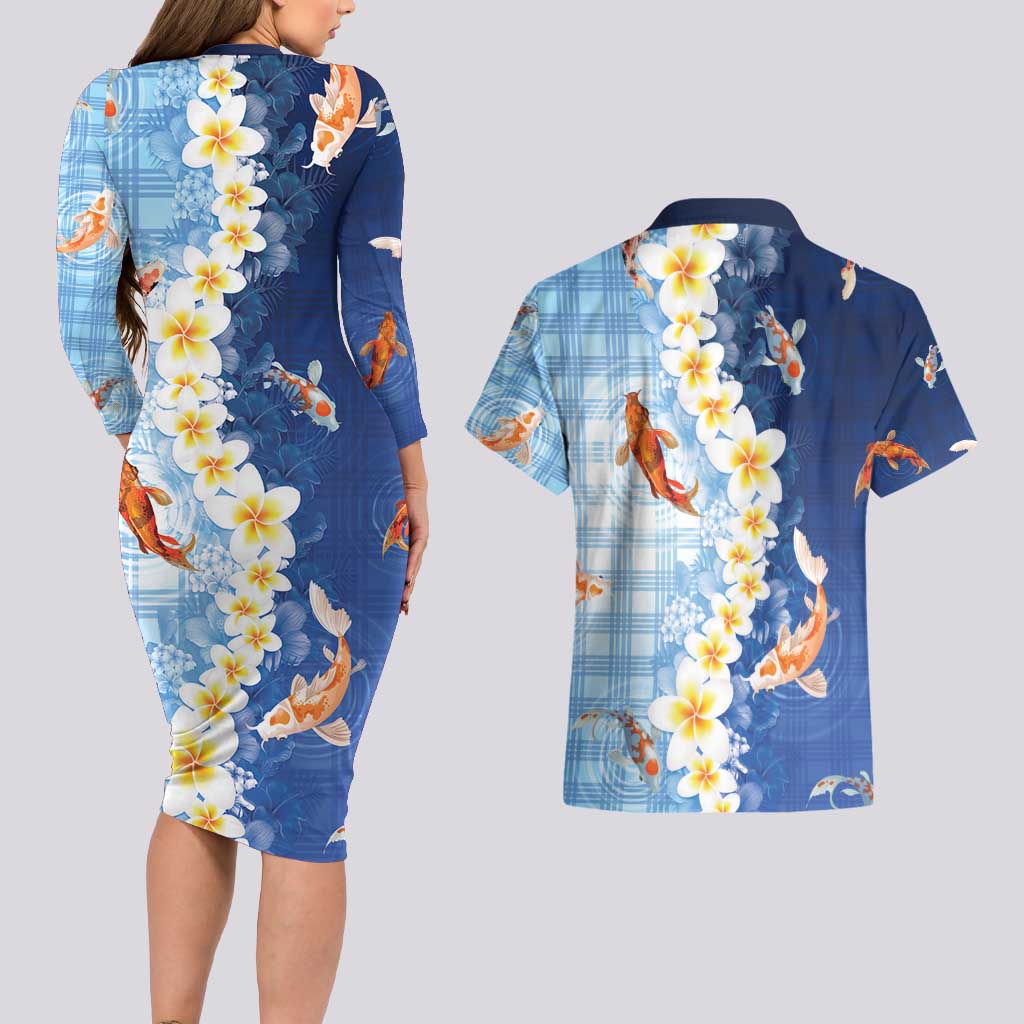 Hawaii And Japan Couples Matching Long Sleeve Bodycon Dress and Hawaiian Shirt Plumeria Lei With Koi Fish Blue - Polynesian Pride