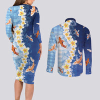 Hawaii And Japan Couples Matching Long Sleeve Bodycon Dress and Long Sleeve Button Shirt Plumeria Lei With Koi Fish Blue - Polynesian Pride