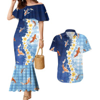 Hawaii And Japan Couples Matching Mermaid Dress and Hawaiian Shirt Plumeria Lei With Koi Fish Blue - Polynesian Pride