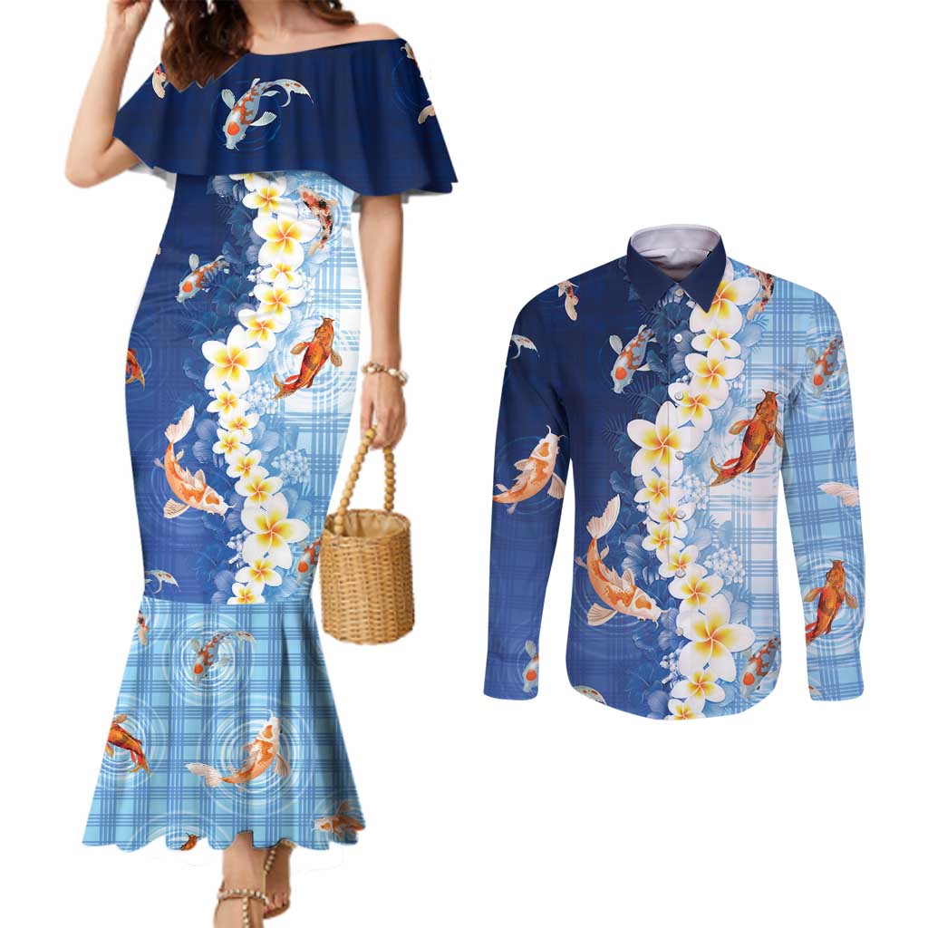 Hawaii And Japan Couples Matching Mermaid Dress and Long Sleeve Button Shirt Plumeria Lei With Koi Fish Blue - Polynesian Pride