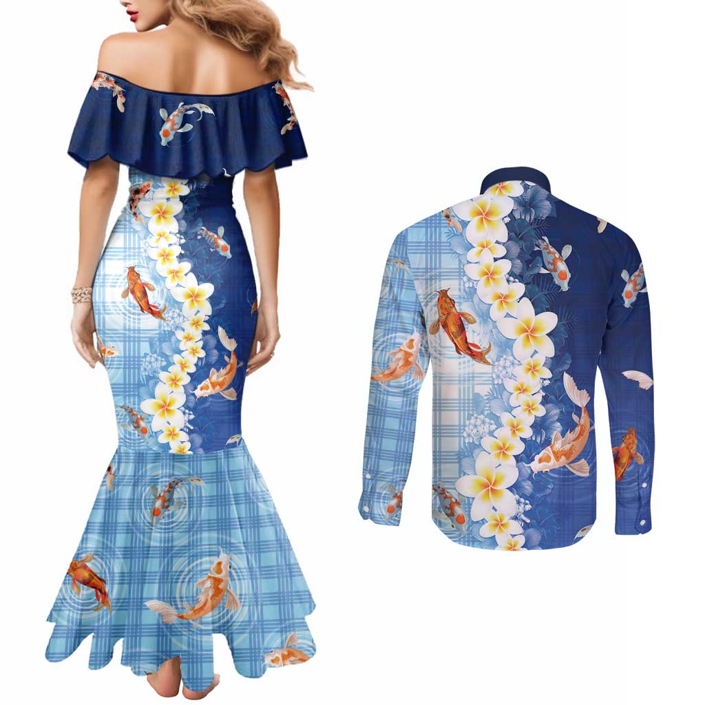 Hawaii And Japan Couples Matching Mermaid Dress and Long Sleeve Button Shirt Plumeria Lei With Koi Fish Blue - Polynesian Pride