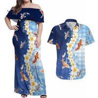 Hawaii And Japan Couples Matching Off Shoulder Maxi Dress and Hawaiian Shirt Plumeria Lei With Koi Fish Blue - Polynesian Pride