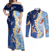 Hawaii And Japan Couples Matching Off Shoulder Maxi Dress and Long Sleeve Button Shirt Plumeria Lei With Koi Fish Blue - Polynesian Pride