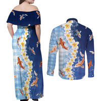 Hawaii And Japan Couples Matching Off Shoulder Maxi Dress and Long Sleeve Button Shirt Plumeria Lei With Koi Fish Blue - Polynesian Pride