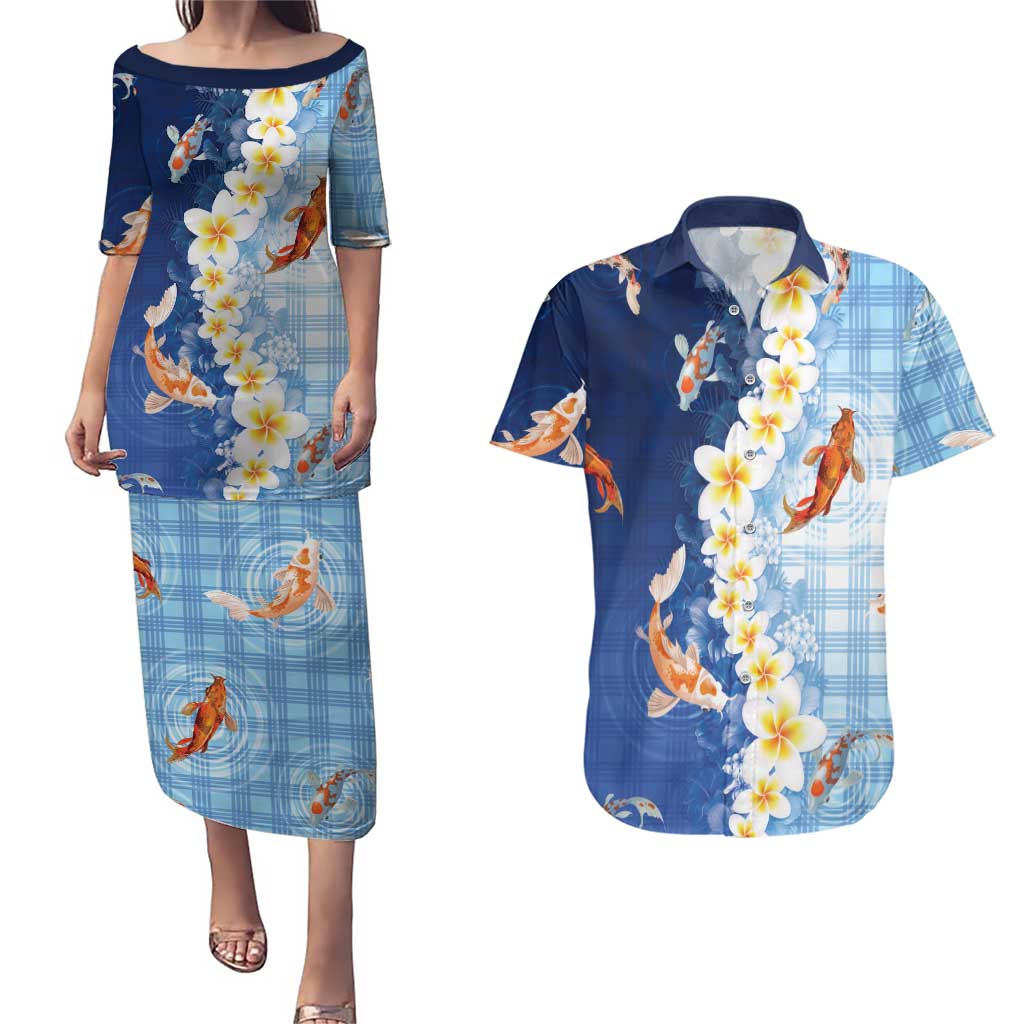 Hawaii And Japan Couples Matching Puletasi and Hawaiian Shirt Plumeria Lei With Koi Fish Blue LT05 Blue - Polynesian Pride