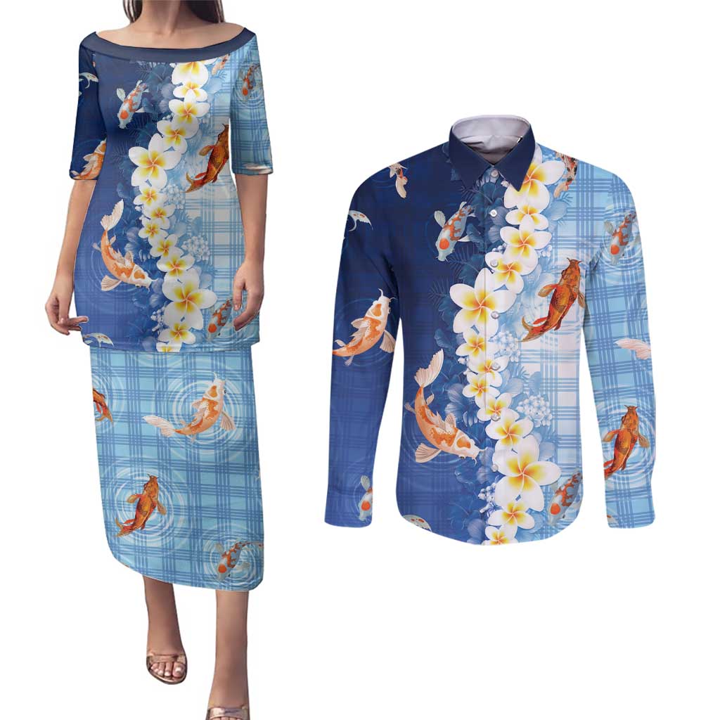 Hawaii And Japan Couples Matching Puletasi and Long Sleeve Button Shirt Plumeria Lei With Koi Fish Blue - Polynesian Pride