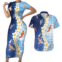 Hawaii And Japan Couples Matching Short Sleeve Bodycon Dress and Hawaiian Shirt Plumeria Lei With Koi Fish Blue - Polynesian Pride
