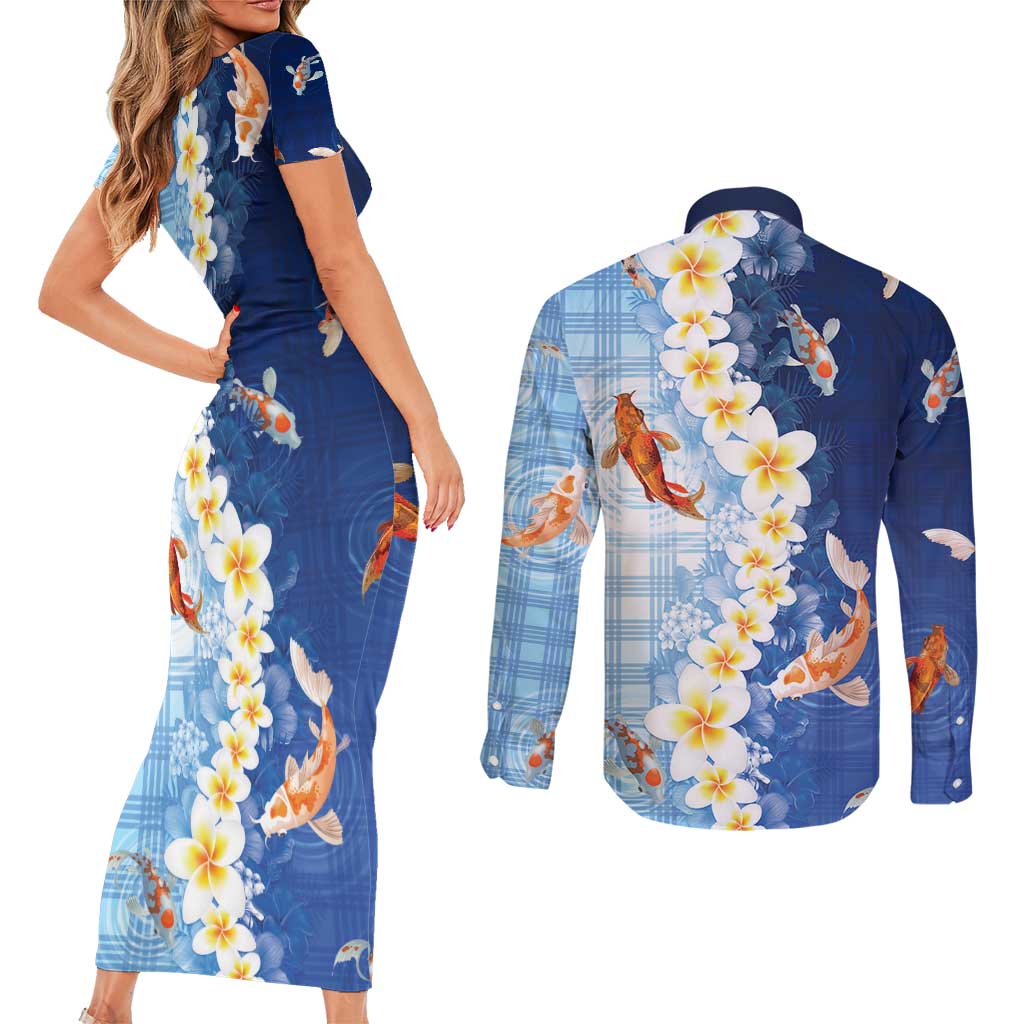 Hawaii And Japan Couples Matching Short Sleeve Bodycon Dress and Long Sleeve Button Shirt Plumeria Lei With Koi Fish Blue - Polynesian Pride