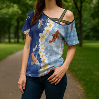 Hawaii And Japan Cross Shoulder Shirt Plumeria Lei With Koi Fish Blue - Polynesian Pride