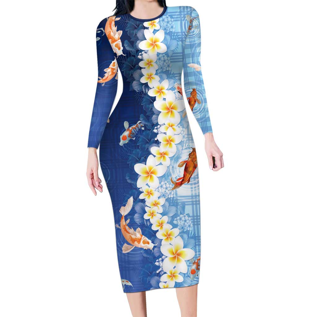 Hawaii And Japan Family Matching Long Sleeve Bodycon Dress and Hawaiian Shirt Plumeria Lei With Koi Fish Blue - Polynesian Pride