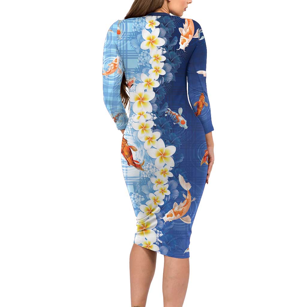 Hawaii And Japan Family Matching Long Sleeve Bodycon Dress and Hawaiian Shirt Plumeria Lei With Koi Fish Blue - Polynesian Pride