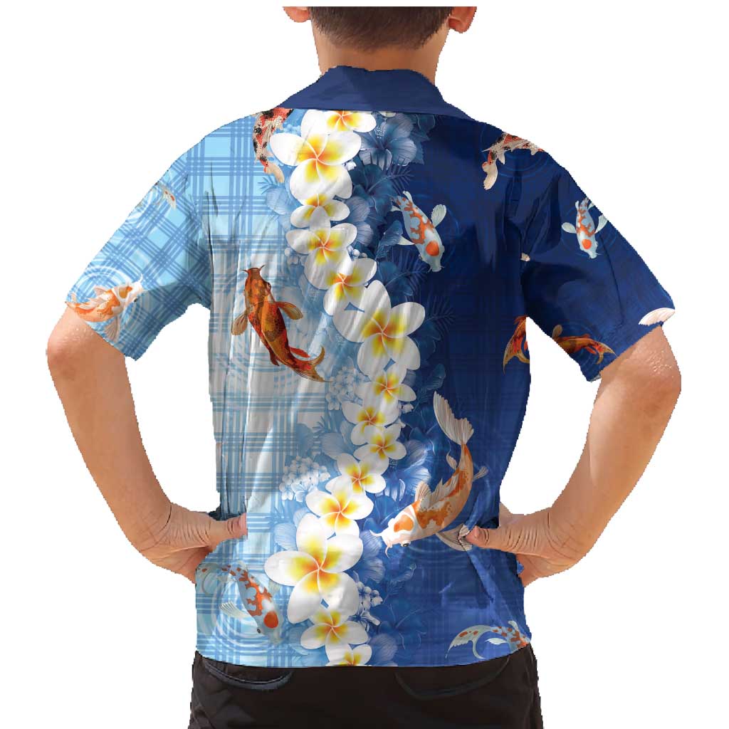 Hawaii And Japan Family Matching Mermaid Dress and Hawaiian Shirt Plumeria Lei With Koi Fish Blue - Polynesian Pride