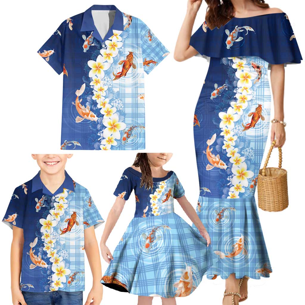 Hawaii And Japan Family Matching Mermaid Dress and Hawaiian Shirt Plumeria Lei With Koi Fish Blue - Polynesian Pride