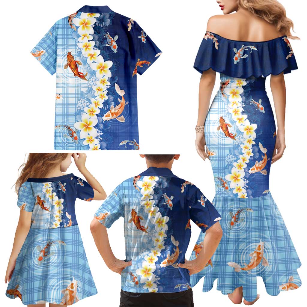 Hawaii And Japan Family Matching Mermaid Dress and Hawaiian Shirt Plumeria Lei With Koi Fish Blue - Polynesian Pride