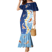 Hawaii And Japan Family Matching Mermaid Dress and Hawaiian Shirt Plumeria Lei With Koi Fish Blue - Polynesian Pride