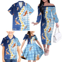 Hawaii And Japan Family Matching Off The Shoulder Long Sleeve Dress and Hawaiian Shirt Plumeria Lei With Koi Fish Blue - Polynesian Pride