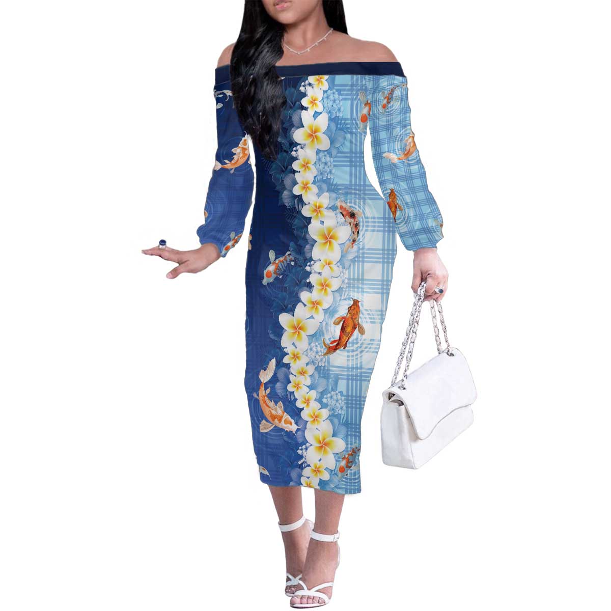 Hawaii And Japan Family Matching Off The Shoulder Long Sleeve Dress and Hawaiian Shirt Plumeria Lei With Koi Fish Blue - Polynesian Pride
