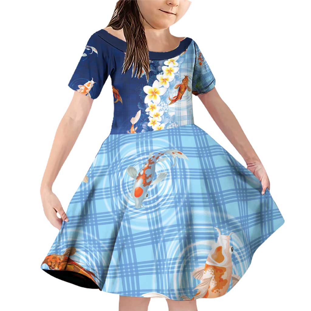 Hawaii And Japan Family Matching Off Shoulder Short Dress and Hawaiian Shirt Plumeria Lei With Koi Fish Blue - Polynesian Pride