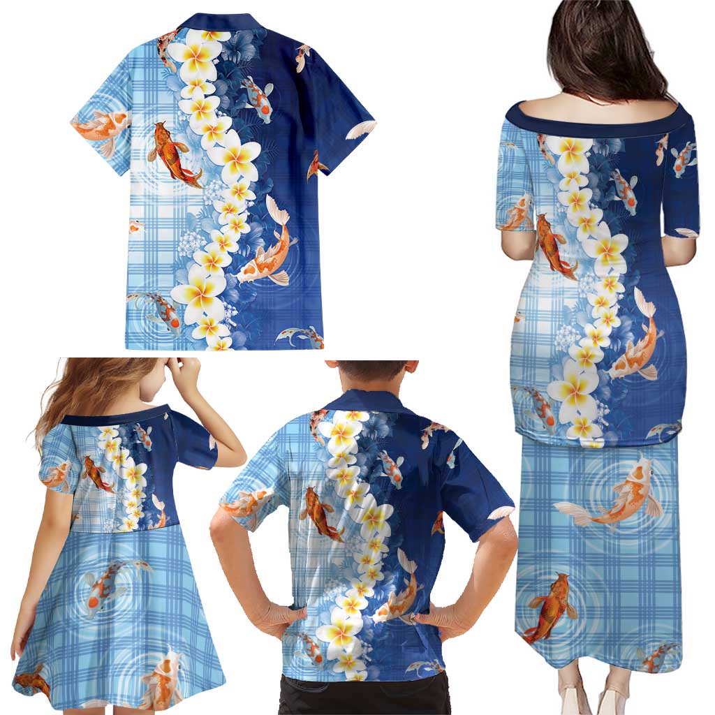 Hawaii And Japan Family Matching Puletasi and Hawaiian Shirt Plumeria Lei With Koi Fish Blue - Polynesian Pride
