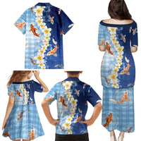 Hawaii And Japan Family Matching Puletasi and Hawaiian Shirt Plumeria Lei With Koi Fish Blue - Polynesian Pride
