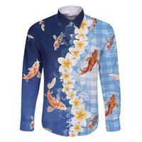 Hawaii And Japan Family Matching Short Sleeve Bodycon Dress and Hawaiian Shirt Plumeria Lei With Koi Fish Blue - Polynesian Pride