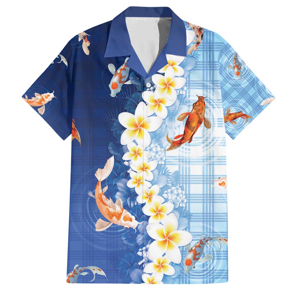 Hawaii And Japan Family Matching Summer Maxi Dress and Hawaiian Shirt Plumeria Lei With Koi Fish Blue - Polynesian Pride