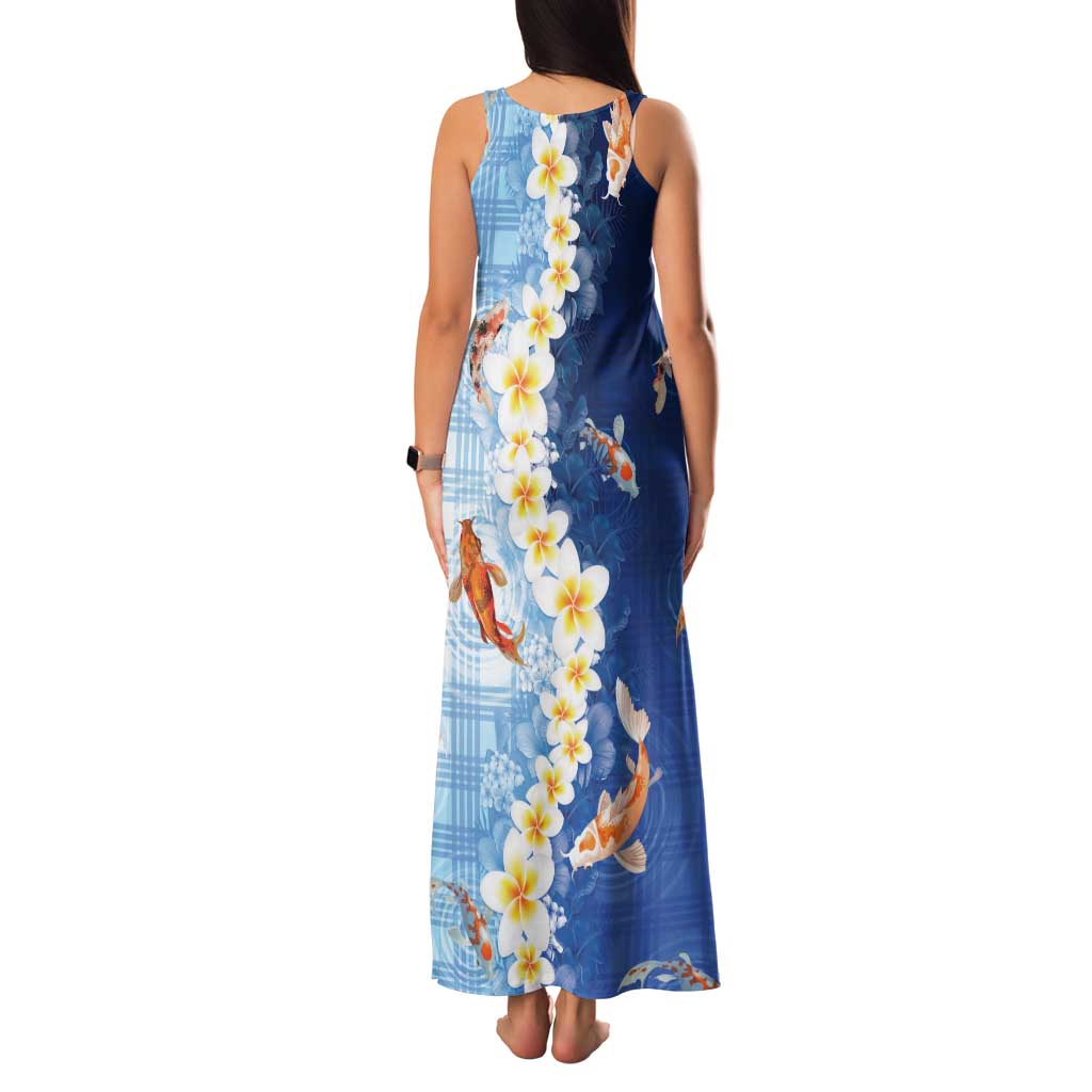 Hawaii And Japan Family Matching Tank Maxi Dress and Hawaiian Shirt Plumeria Lei With Koi Fish Blue - Polynesian Pride