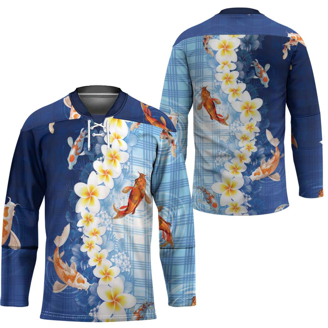 Hawaii And Japan Hockey Jersey Plumeria Lei With Koi Fish Blue - Polynesian Pride