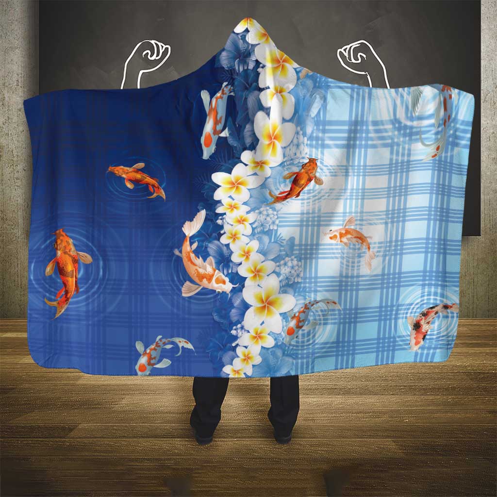 Hawaii And Japan Hooded Blanket Plumeria Lei With Koi Fish Blue - Polynesian Pride