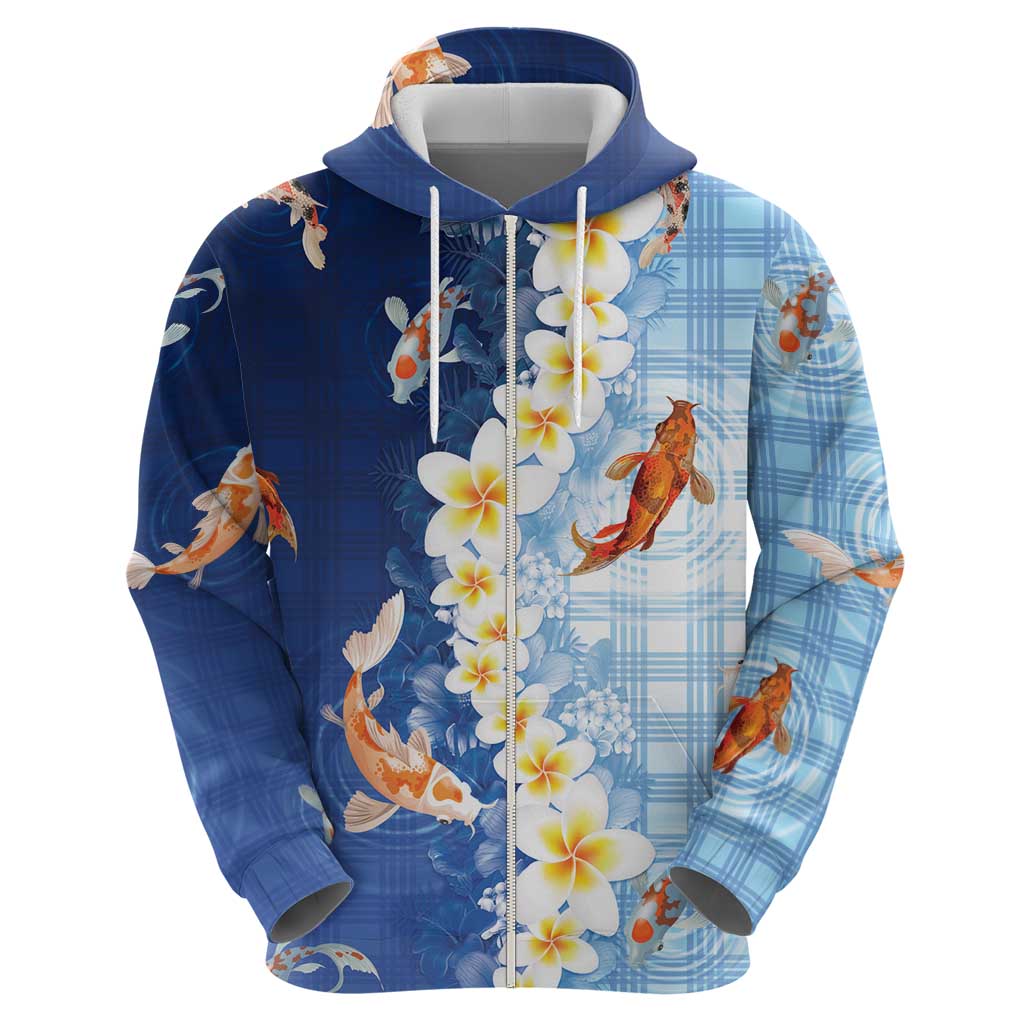 Hawaii And Japan Hoodie Plumeria Lei With Koi Fish Blue - Polynesian Pride