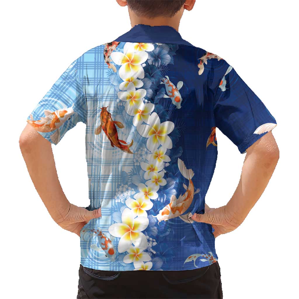 Hawaii And Japan Kid Hawaiian Shirt Plumeria Lei With Koi Fish Blue - Polynesian Pride