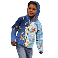 Hawaii And Japan Kid Hoodie Plumeria Lei With Koi Fish Blue - Polynesian Pride