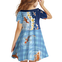 Hawaii And Japan Kid Short Sleeve Dress Plumeria Lei With Koi Fish Blue - Polynesian Pride