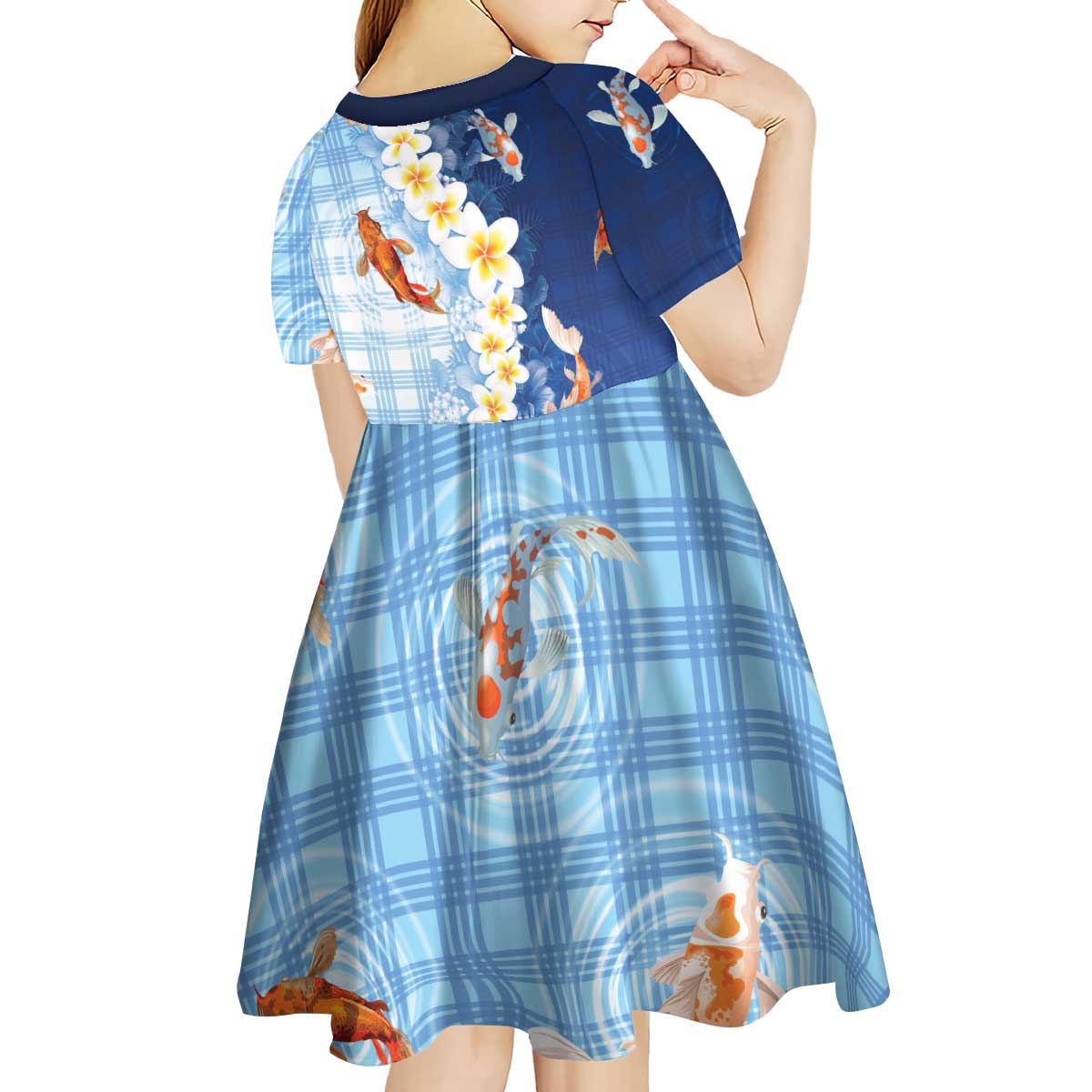 Hawaii And Japan Kid Short Sleeve Dress Plumeria Lei With Koi Fish Blue - Polynesian Pride