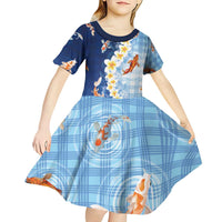 Hawaii And Japan Kid Short Sleeve Dress Plumeria Lei With Koi Fish Blue - Polynesian Pride