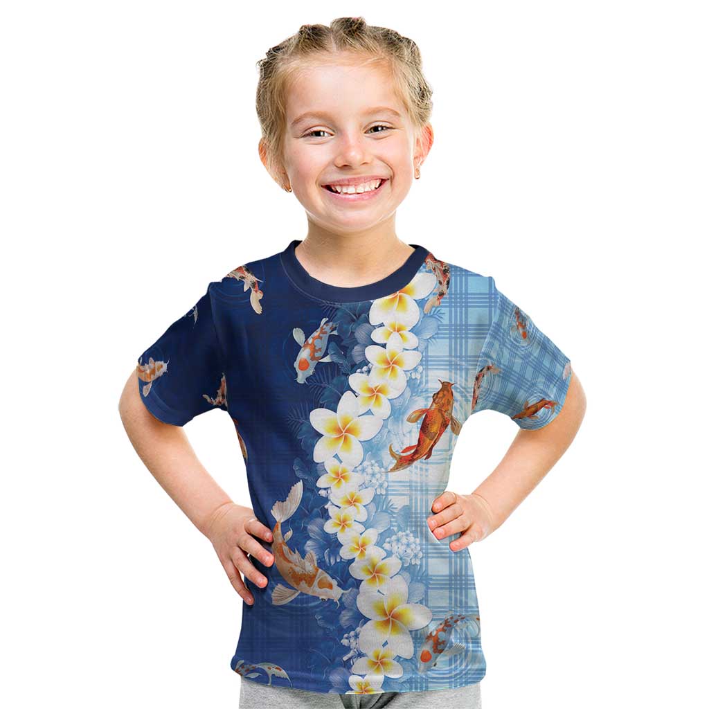 Hawaii And Japan Kid T Shirt Plumeria Lei With Koi Fish Blue - Polynesian Pride