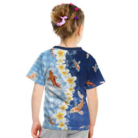 Hawaii And Japan Kid T Shirt Plumeria Lei With Koi Fish Blue - Polynesian Pride