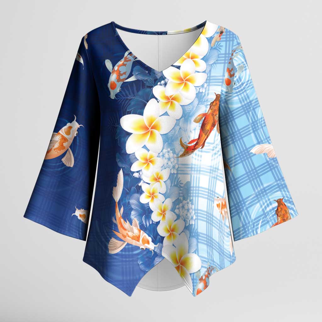 Hawaii And Japan Kimono Sleeve Blouse Plumeria Lei With Koi Fish Blue - Polynesian Pride