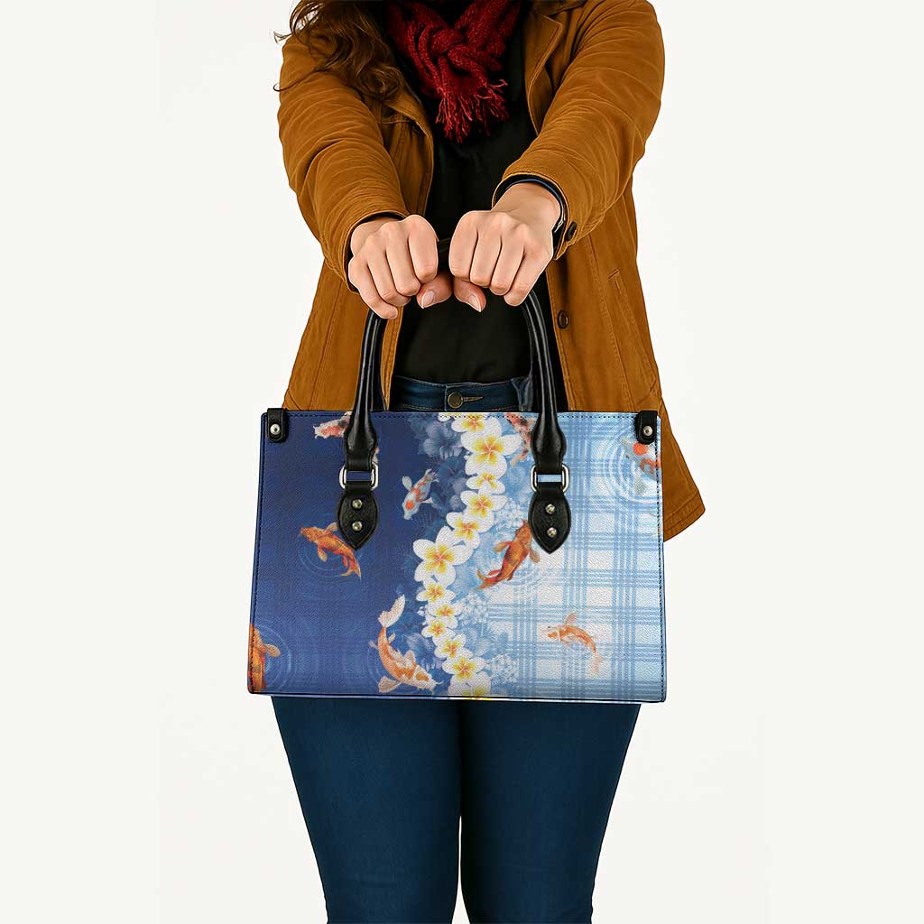 Hawaii And Japan Leather Bag Plumeria Lei With Koi Fish Blue - Polynesian Pride
