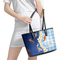 Hawaii And Japan Leather Tote Bag Plumeria Lei With Koi Fish Blue - Polynesian Pride