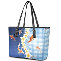Hawaii And Japan Leather Tote Bag Plumeria Lei With Koi Fish Blue - Polynesian Pride