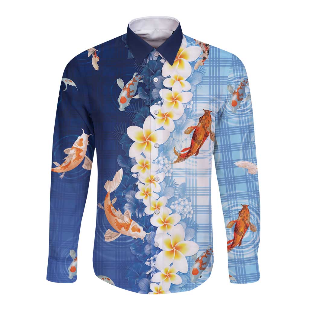 Hawaii And Japan Long Sleeve Button Shirt Plumeria Lei With Koi Fish Blue - Polynesian Pride