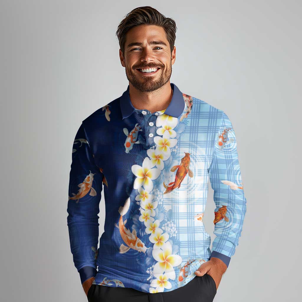 Hawaii And Japan Long Sleeve Polo Shirt Plumeria Lei With Koi Fish Blue - Polynesian Pride