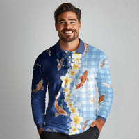 Hawaii And Japan Long Sleeve Polo Shirt Plumeria Lei With Koi Fish Blue - Polynesian Pride
