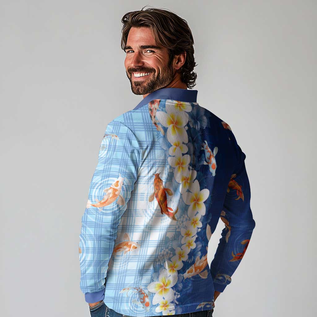 Hawaii And Japan Long Sleeve Polo Shirt Plumeria Lei With Koi Fish Blue - Polynesian Pride