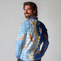 Hawaii And Japan Long Sleeve Polo Shirt Plumeria Lei With Koi Fish Blue - Polynesian Pride