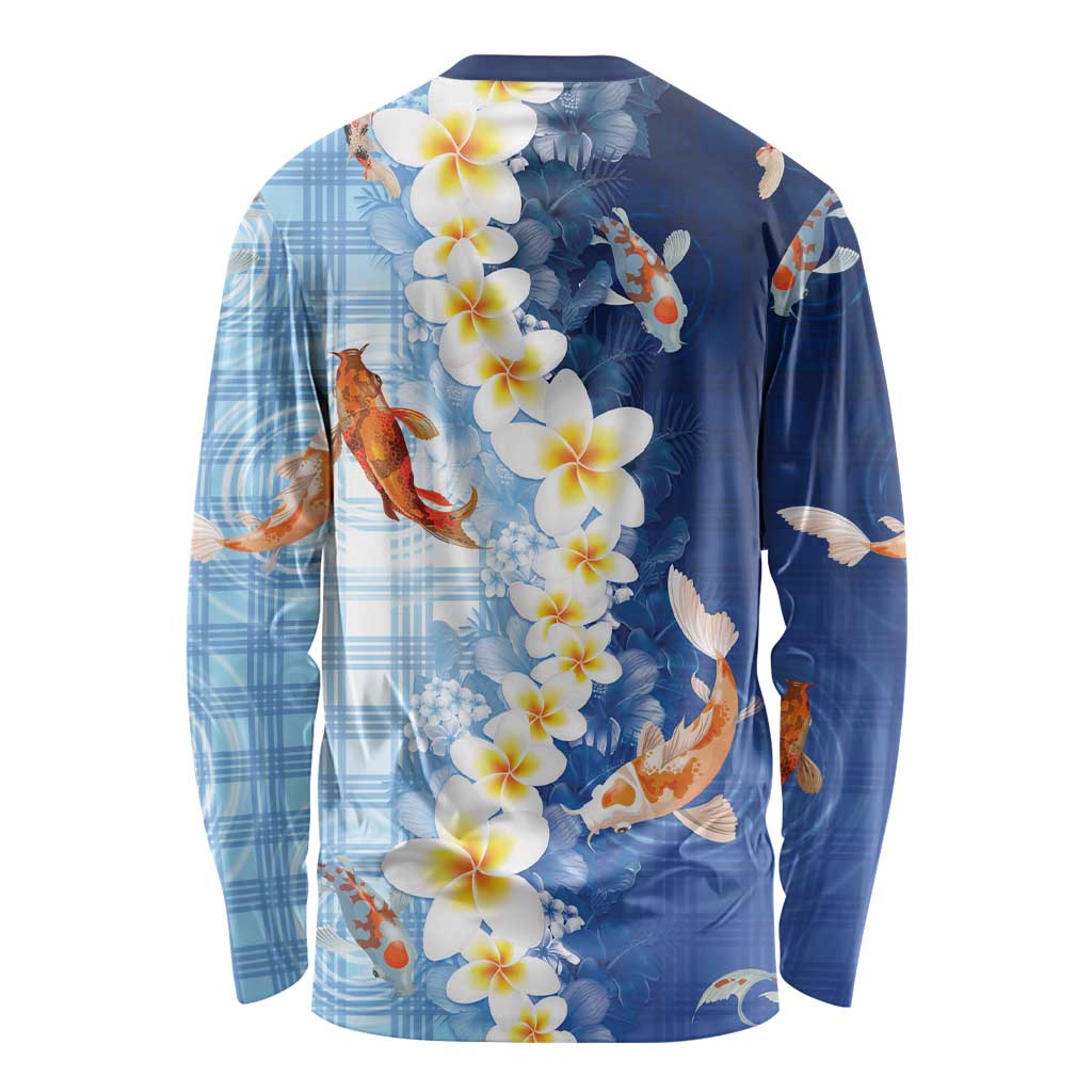 Hawaii And Japan Long Sleeve Shirt Plumeria Lei With Koi Fish Blue - Polynesian Pride
